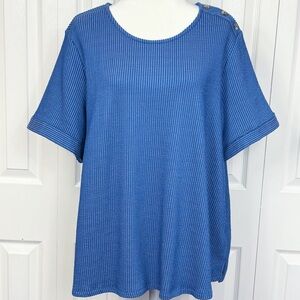 Joan Rivers Blue Stripe Textured Cotton Cuffed Short Sleeve Shirt 2X